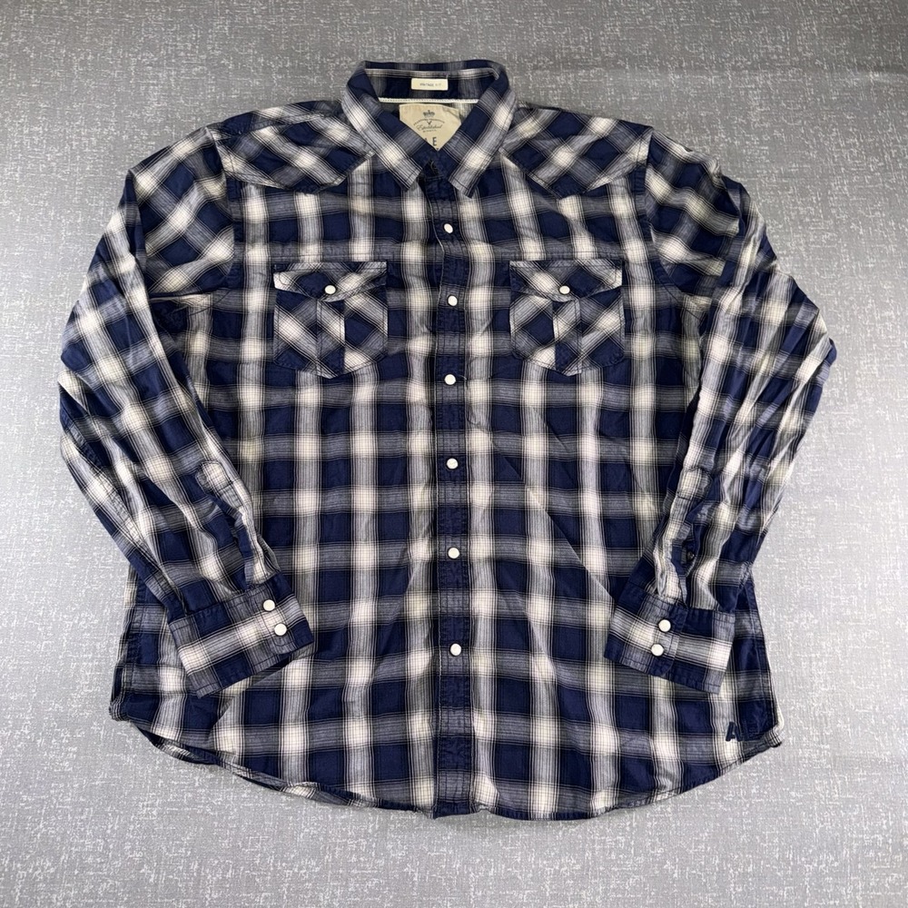 American Eagle Outfitters Shirt Mens XL Blue Plaid Western Snap Button Up
